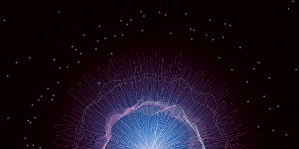 Digital neural network. Abstract background with glowing burst of energy or neural connections in blue and pink tones. Technological background for design on theme of energy, big date, AI