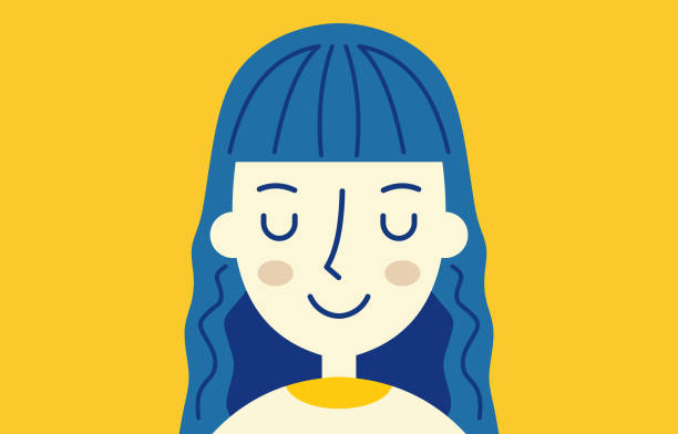 A vibrant and whimsical illustration of a smiling woman with blue hair against a yellow background, evoking feelings of joy and creativity.