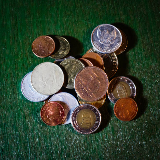 Closeup picture bunch of mix coins from another country