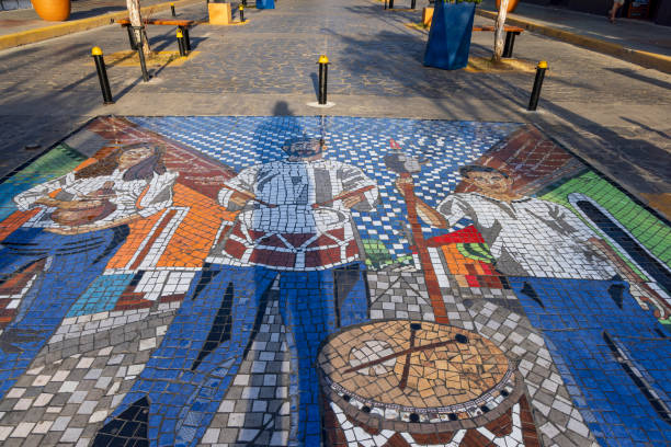Granada, Nicaragua - March 20, 2024: Mosaic tile art of traditional music band in Callle la Calzada colorful street with most restaurants and bars in Granada in Nicaragua Central America