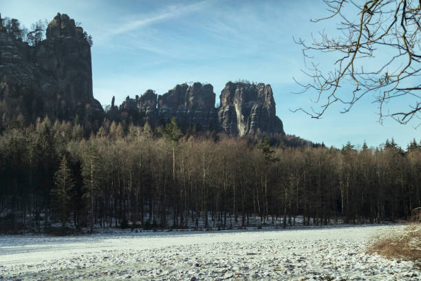 A serene winter day in Swiss Saxony shows stunning rock formations towering over a snow-covered landscape, bordered by a tranquil forest. The sunlight casts a gentle glow on the scene.