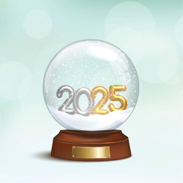 istock 2025 Happy New Year greeting card vector template. Golden-silver numbers 2025 in crystal snow globe with snowflakes on wood podium. Christmas social media banner design isolated on light background 2174278786
