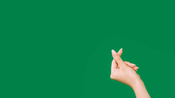 Finger heart. Love sign. Affection admiration. Female hand showing cute sympathy gesture isolated on green empty space background.