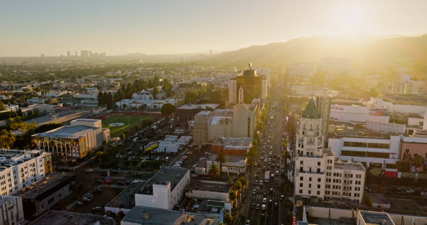 Capitol Records and other Hollywood landmarks from Mulholland Drive, Los Angeles in December