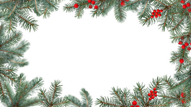 istock Festive Christmas frame made of coniferous branches decorated with artificial red berries. 2174286294