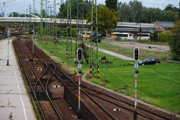 istock Multiple railway tracks in a green landscape 2174287889