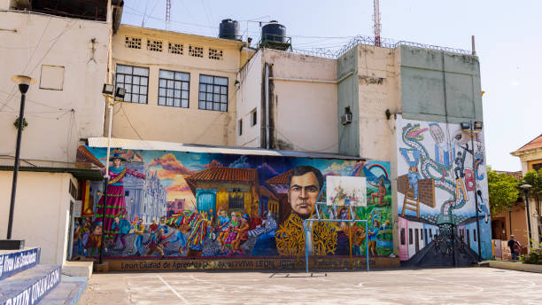 Leon, Nicaragua - March 17, 2024: Mural as symbol Leon UNESCO city of learning in the center of Leon in Nicaragua