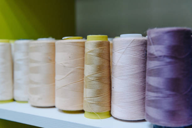 amount of different large skeins of threads on special shelves in sewing studio or atelier, several colours, white and cream and purple, handmade and sewing concept