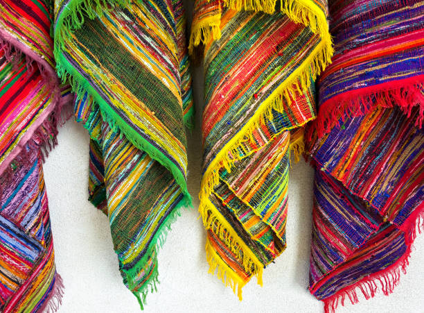 Old handmade homespun doormat from strips of cloth. Texture of a homemade rug from different fabrics