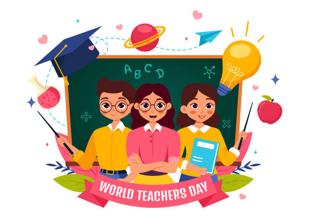 istock Happy Teacher's Day Vector Illustration featuring School Supplies such as Blackboards, Pencils, Bags, Books, and Other Items in Flat Background 2174292279