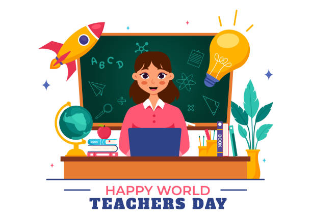istock Happy Teacher's Day Vector Illustration featuring School Supplies such as Blackboards, Pencils, Bags, Books, and Other Items in Flat Background 2174292320