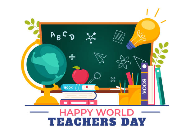 istock Happy Teacher's Day Vector Illustration featuring School Supplies such as Blackboards, Pencils, Bags, Books, and Other Items in Flat Background 2174292358