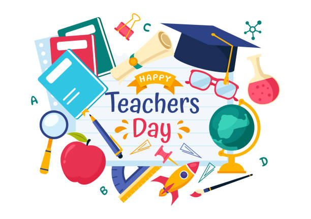 happy teacher's day vector illustration featuring school supplies such as blackboards, pencils, bags, books, and other items in flat background - dzień nauczyciela stock illustrations