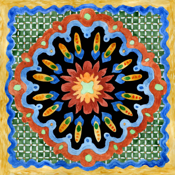 istock Watercolor painted tile with hand drawn ornaments in Mediterranean majolica ceramic painting style on a black background 2174303005