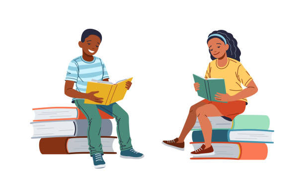 Girl and boy read sitting on stack of books illustration Multiracial girl and boy read sitting on stack of books flat color vector illustration. Happy teenagers enjoy interesting stories concept icon on white people-reading-books-clip-art stock illustrations