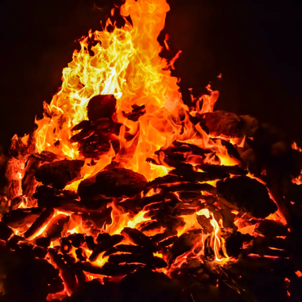 istock Fire flames on black background, Blaze fire flame texture background, Beautifully, the fire is burning, Fire flames with wood and cow dung bonfire 2174316885