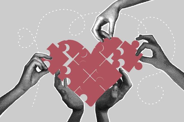 Contemporary halftone collage. The concept of love, support, compassion, care Human hands support and protect. Vector illustration