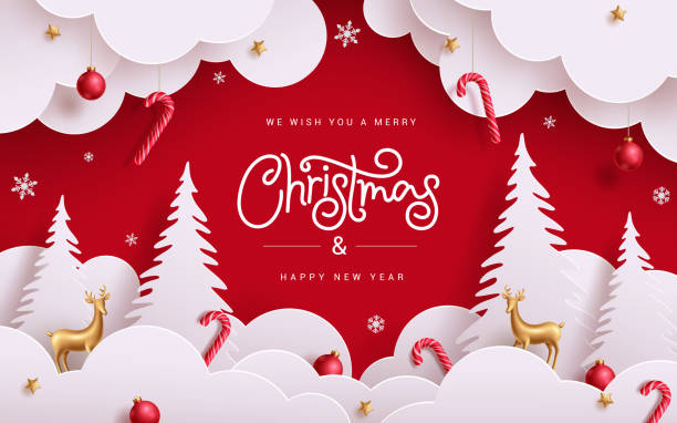 kuvapankkikuvitukset aiheesta joulukortin vektorisuunnittelu. hyvää joulua ja onnellista uutta vuotta paperileikatulla pilvellä, männyllä ja joulukoriste-elementeillä punaisella taustalla. - joulu