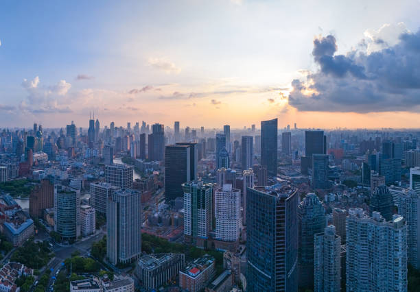 Building in dusk sunlight glowing in Pudong of Shanghai city