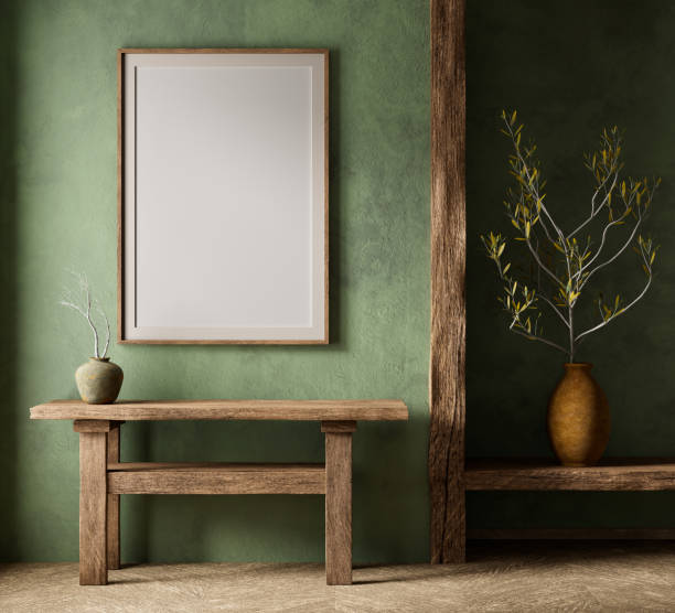 istock Mock up poster frame in boho style decorated livinig room. Modern, authentic Interior design of living room with wooden furnitures. 3D illustration 2174320780