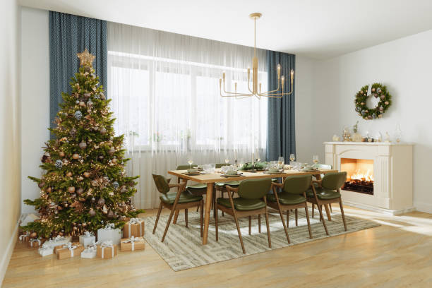 istock Dining Room With Christmas Tree, Ornaments, Gift Boxes, Dining Table And Fireplace 2174325919