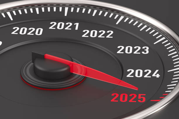 istock 2025 year car speedometer.  3D illustration 2174340057