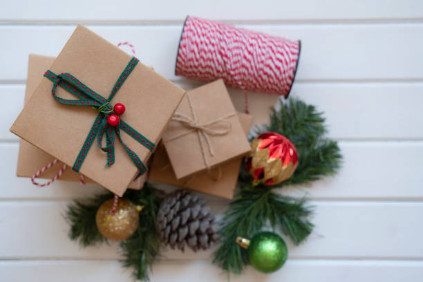 Gifts box, Christmas decorations, on wooden.Christmas, winter, new year concept