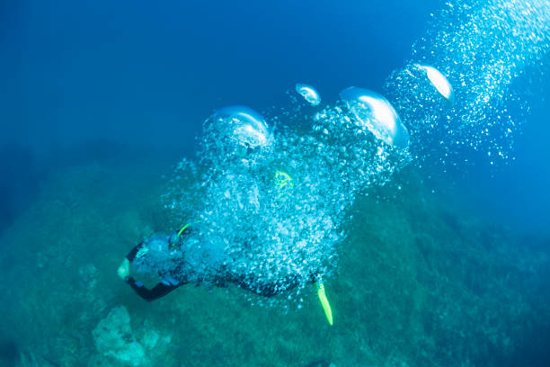 Scuba diver background with Air bubble, Frog Kick  scuba diving.\n Scuba diver point of view above  Mediterranean sea