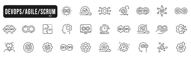 illustrations, cliparts, dessins animés et icônes de devops, agile, icônes de ligne scrum. planifier, traiter, surveiller, coder, programmer, etc. trait modifiable. ensemble 2 - mannequin