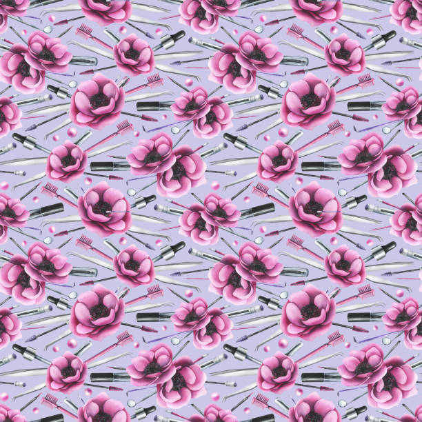 istock Cosmetics and brushes for eyes and eyebrows, tubes with pink anemone flowers. Watercolor illustration hand drawn. Seamless pattern on a lilac background. For eyelash extension and lamination. 2174346370