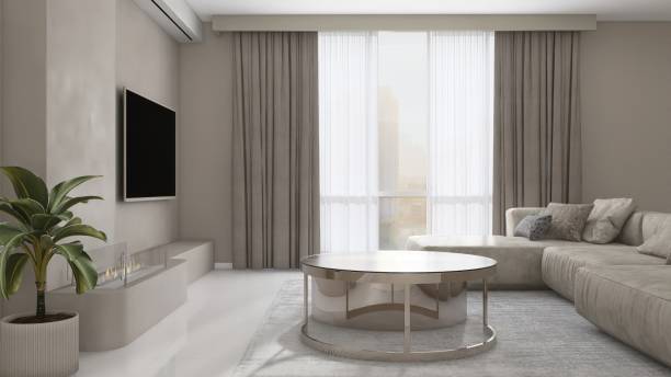 istock Luxury, modern living room with flat screen television, sofa, coffee table on rug in sunlight from sheer, brown blackout curtain on beige wall for interior design decoration, product background 3D 2174346718
