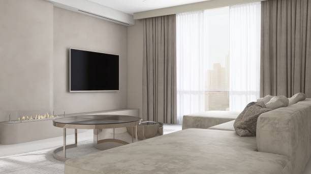 Black flat screen television on beige wall with sofa, coffee table in living room in sunlight from sheer, brown blackout curtain for interior design decoration, product background 3D