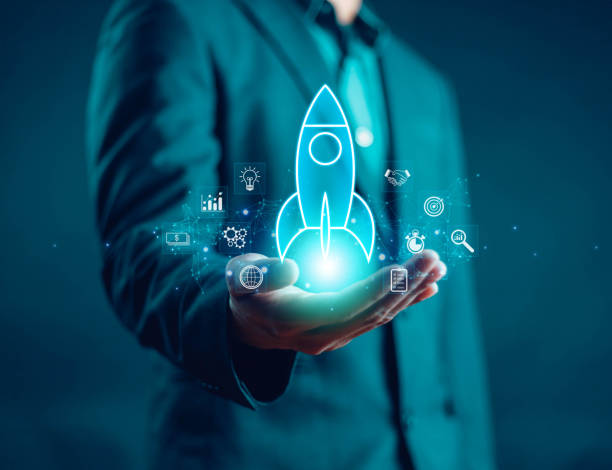 istock Businessman touching transparent rocket icon launching. Startup concept, rocket, growth, company, idea, success, digital, technology, marketing, finance, innovation, project, design, creativity. 2174349452