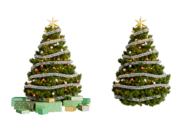istock Decorated christmas trees with gifts and tinsel 2174350881