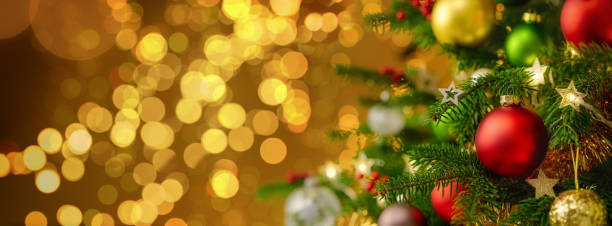 istock Festive Christmas scene with ornaments and blurred lights 2174354878