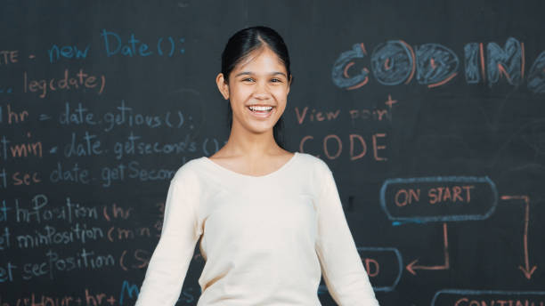 istock Caucasian girl celebrate her successful plan while raise her arm. Edification. 2174361692