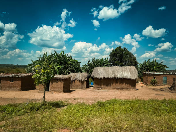 istock Traditional village in Angola showcasing thatched huts under a bright blue sky with scattered clouds 2174363415
