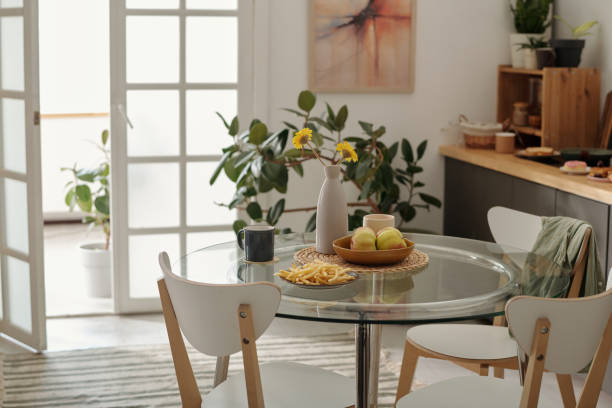 istock Table with junk food, vase and fruits 2174363995