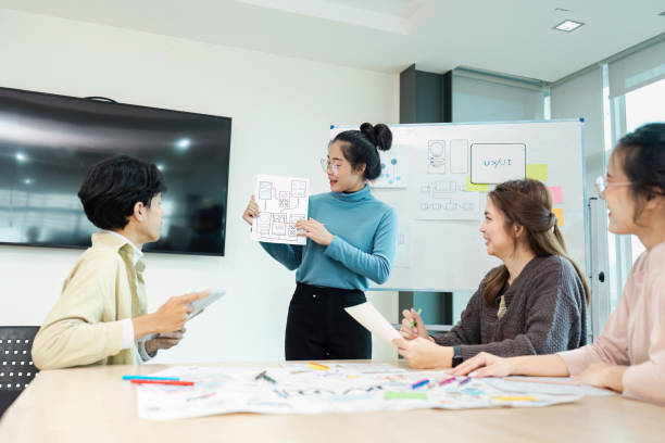 istock Team Collaboration on UX UI Design Project in Modern Office Setting with Whiteboard and Digital Devices 2174365179