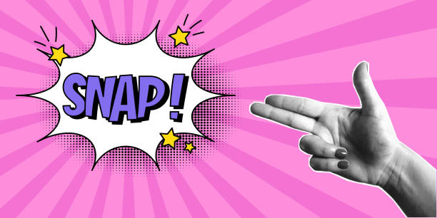 Halftone collage, women's hand gesture in the shape of a gun, speech bubble with expressive inscriptions snap, explosion in a comic style. Pop art retro banner, two fingers, arm, cut out of magazine.