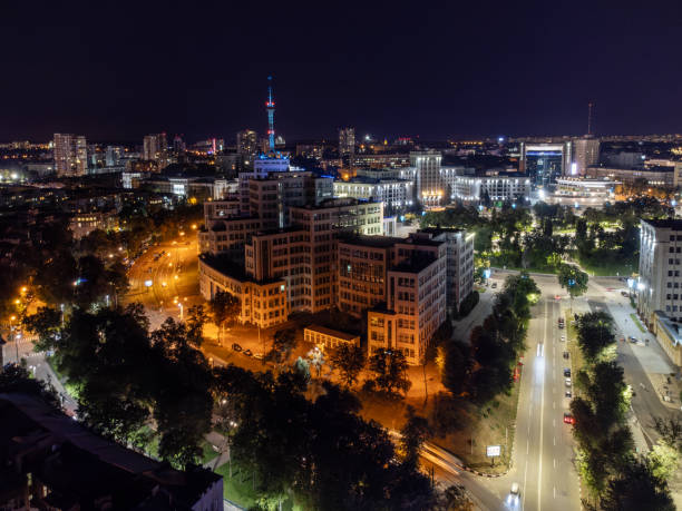 istock Aerial night Derzhprom building on Freedom Square 2174370632
