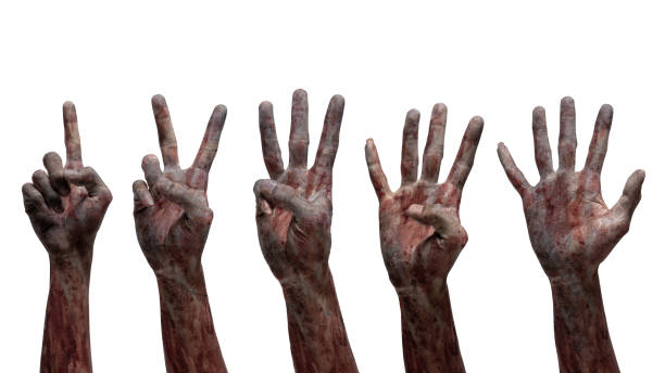istock Set of zombie hands with a bloody wound in counting gestures from one to five. Zombie, devil, evil, satan, or monster hands isolated over a white background 2174372330