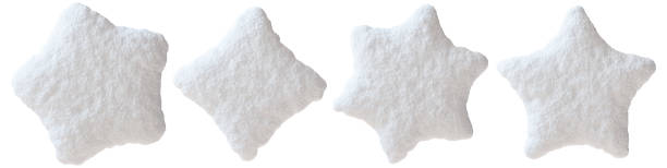 Set of snowy stars, isolated on white background. Each star is perfectly shaped with soft fluffy texture. Ideal for winter-themed designs, holiday or seasonal graphics. Christmas, New Year. 3D render conjunto de estrellas nevadas, aisladas sobre fondo blanco. cada estrella tiene una forma perfecta con una textura suave y esponjosa. ideal para diseños de temática invernal, gráficos festivos o de temporada. navidad, año nuevo. renderizado 3d.