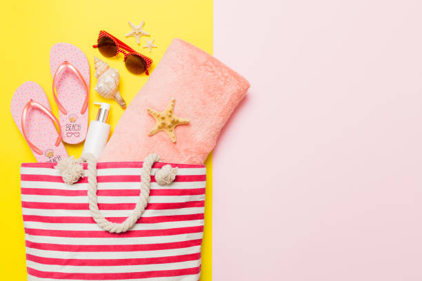 istock Composition with stylish beach accessories on colored background, top view. Beach fashion flat lay, summer concept. Trendy colors 2174378815