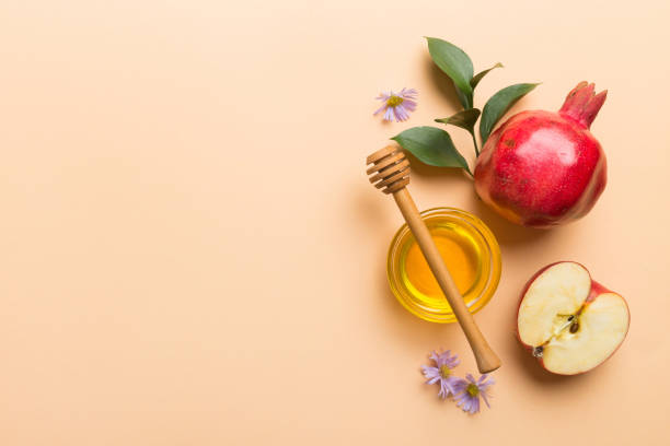 istock Flat lay composition with symbols jewish Rosh Hashanah holiday attributes on colored background, Rosh hashanah concept. New Year holiday Traditional. Top view with copy space 2174378880