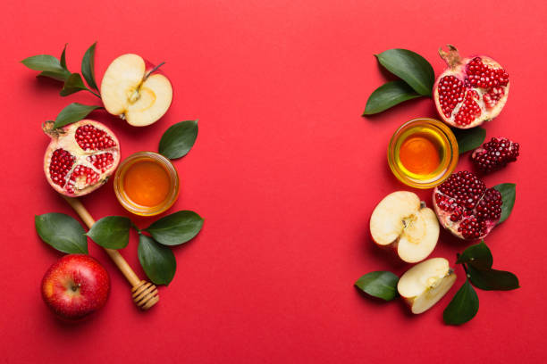 istock Flat lay composition with symbols jewish Rosh Hashanah holiday attributes on colored background, Rosh hashanah concept. New Year holiday Traditional. Top view with copy space 2174378911