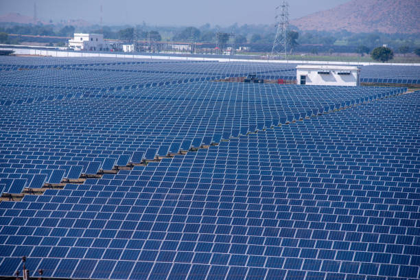 Photovoltaic panels generating renewable energy in rural India.