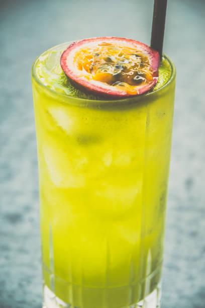 a cocktail made from Vodka, Blue Curacao, Lychee Liquer, passion fruit, Lemon, Soda