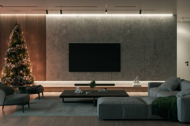 istock Stylish Contemporary Living Room with Christmas Tree At Night 2174390938