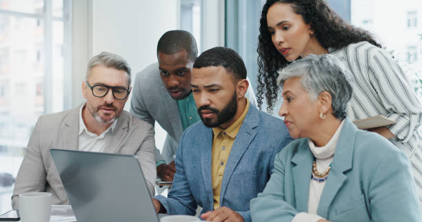 istock Office, collaboration or business people with laptop for solution, bad connection or glitch on company page. Corporate staff, ceo or manager with digital for network problem, website error or mistake 2174402801